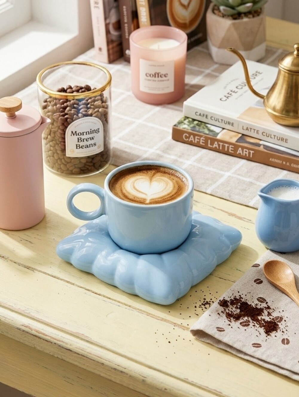 Blue Ceramic Cup with Cloud Saucer Pillow Set 10.4oz